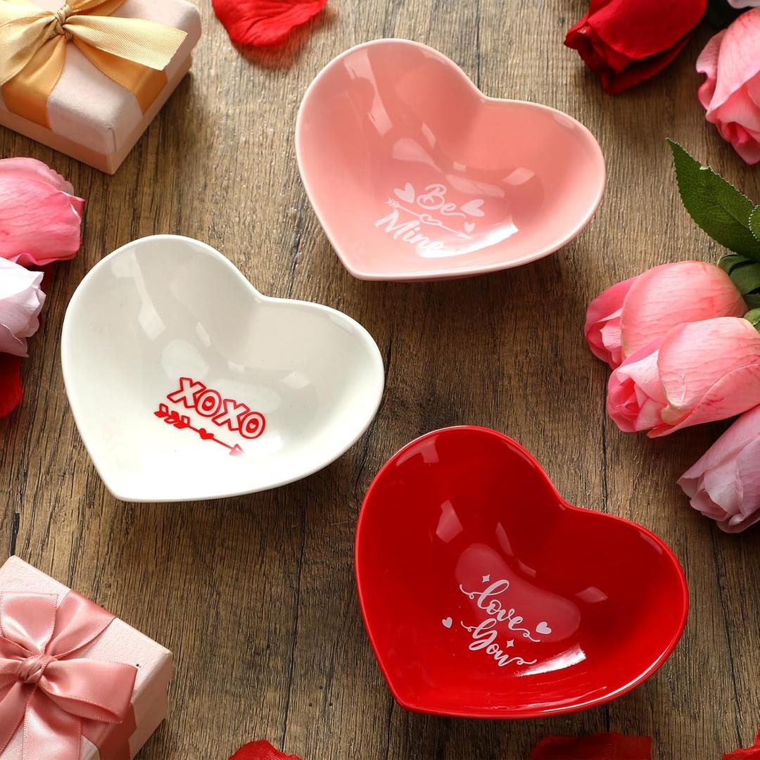 Tanlade 3 Pcs Valentine's Day Candy Bowls Mini Ceramic Serving Bowl for Tiered Tray Candy Dishes Valentine's Day Party Supplies for Treat Snack Fruit Candies Couple Sweet Talk Gift(Heart Style) (Pink, Red, White)