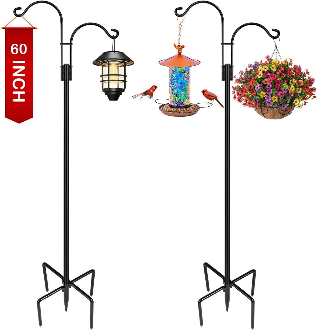 XDW-GIFTS Double Shepherds Hooks for Outdoor, 2-Pack Heavy Duty Garden Pole for Hanging Bird Feeder, Plant Baskets, Solar Light Lanterns, Garden Plant Hanger Stands with 5 Base Prongs (60 Inch)