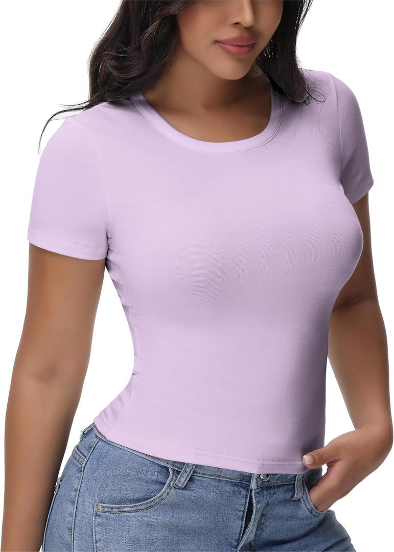 Womens T Shirts Basic Short Sleeve Crew Neck Slim Fit Tees Summer Workout Casual Bodycon Tops 2025 (L)