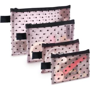 4-Piece Heart Printed Mesh Makeup Bag Set, Portable Travel Mesh Cosmetic Bags Toiletry Bags Makeup Purse Bags Mesh Zipper Storage Pouches for Home Offices Travel Accessories (Pink) (4PCS)