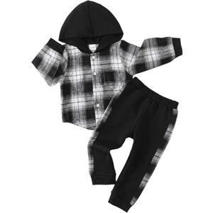 Toddler Baby Boy Clothes Long Sleeve Hoodie Plaid Flannel Shirt and Pants Set Fall Winter Outfits (3-4T, White Black)