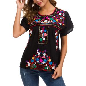 YZXDORWJ Women's Embroidered Mexican Peasant Blouse Mexico Summer Shirt Short Sleeve (US2XL, 269HL-BK)