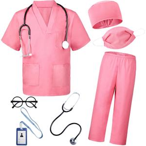 BOMLY Doctor Costume for Kids 7Pcs Toddler Nurse Scrubs Set With Halloween Dress Up Costumes for Boys and Girls (5T-6T, Pink)