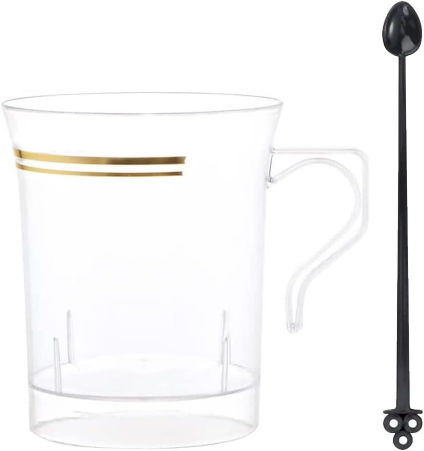 Nervure 60 Pack Clear Gold Plastic Coffee Mugs with 60 PCS Black Coffee Stirrers - 8oz Disposable Coffee Cups with Handles & 5inch Coffee Stirrers - Plastic Tea Cups with Gold Rim for Party