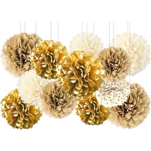 Gold White Party Decorations,12Pcs Hanging Tissue Paper Pom Poms,Pompoms Flowers for Engagement,Wedding,Birthday,Bachelorette,Bridal Shower Party Deco