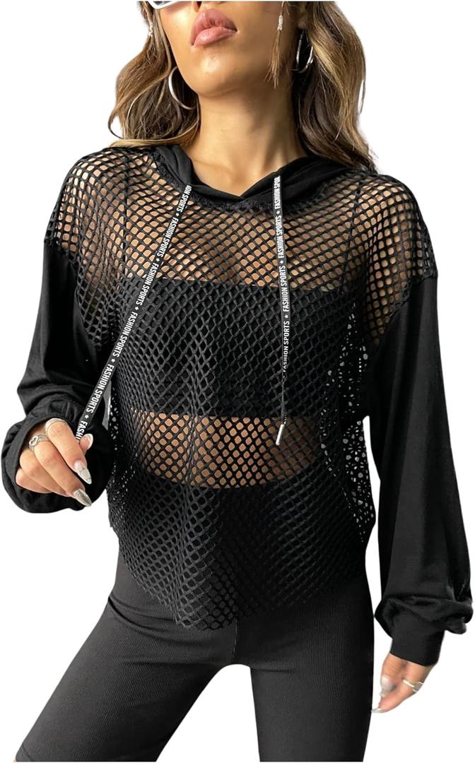 Verdusa Women's Sexy See Through Fishnet Long Sleeve Drawstring Hoodie Top Sweatshirt (Large)