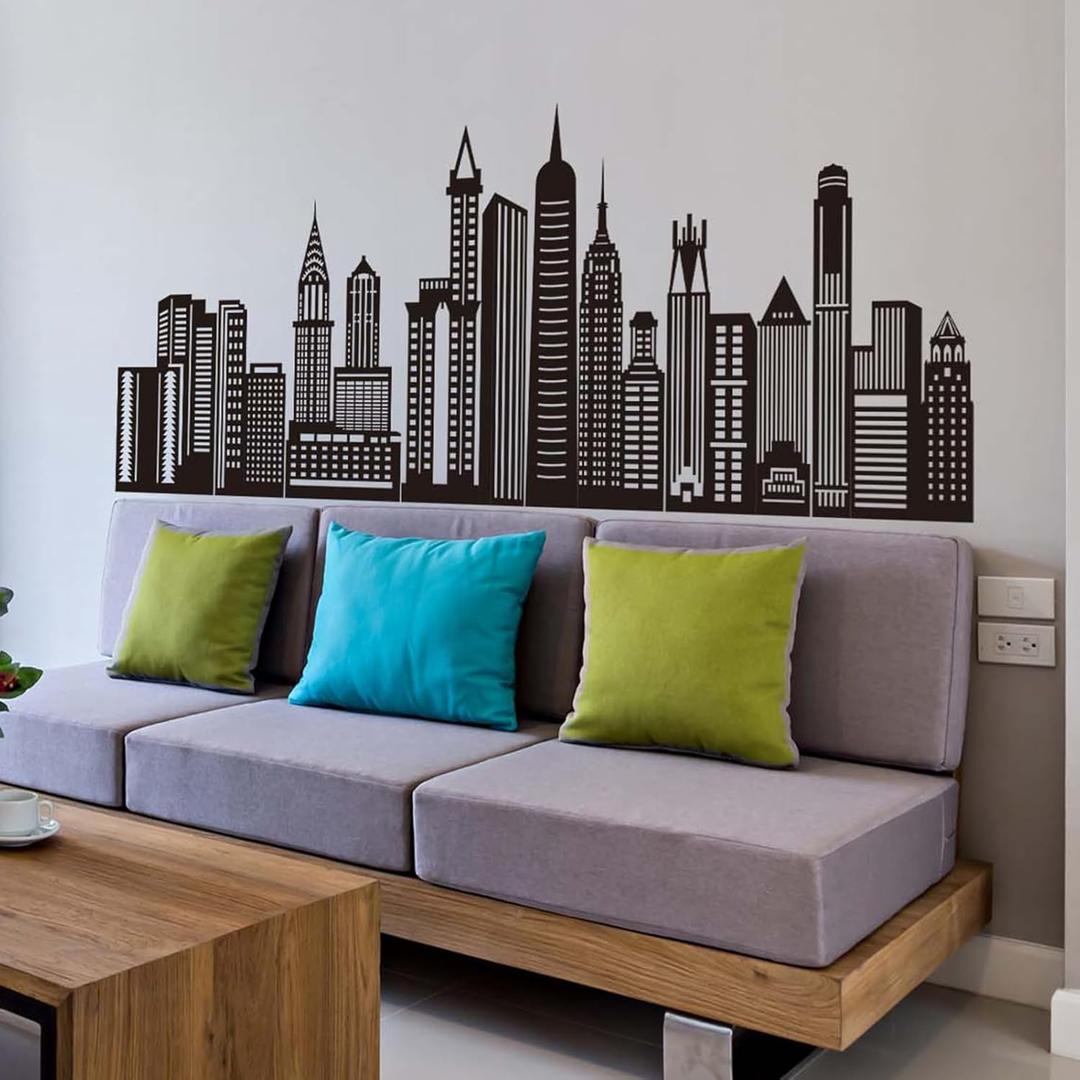 Black City Skyline Wall Stickers - City Building Silhouette Wall Decals - Boys Nursery Kids Bedroom Living Room Wall Decor