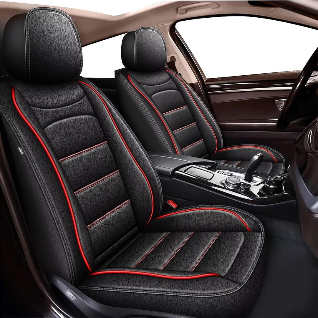 Car Seat Cover Custom Fit for Dodge Ram 1500 2500 3500 2002-2025 Faux Leather Seat Cover Set Compatible with Crew Quad Regular Cab Pickup Truck Cushions (Black Redline, Full Set, Flat Rear)