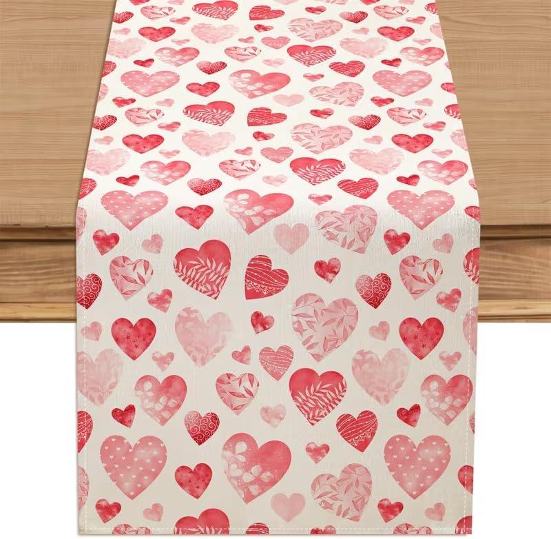 Valentine Red & Pink Flower Star Heart Table Runner 13x108 Inch , Seasonal Leaf Dinning Kitchen Table Decoration for Home Party Holiday Decor