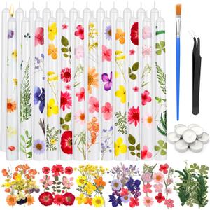 MTLEE 30 Pack Pressed Flower Candles Making Kit 6 Set Dried Pressed Flowers 12 White Taper 10 White Tealight Candles with Tweezers Brush for DIY Crafts Birthday Wedding Party Favors