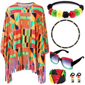 Hicarer 7 Pcs Black History Poncho Costume for Women African American Shawl Accessories Set Kente Jamaican Outfits