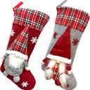 Meajore 2 Pcs Christmas Stockings New Set, 3D Gnomes Santa Christmas Stockings Personalized (18inch) Soft Classic Red and Grey Fireplace Hanging for Family Holiday Xmas Party Decorations