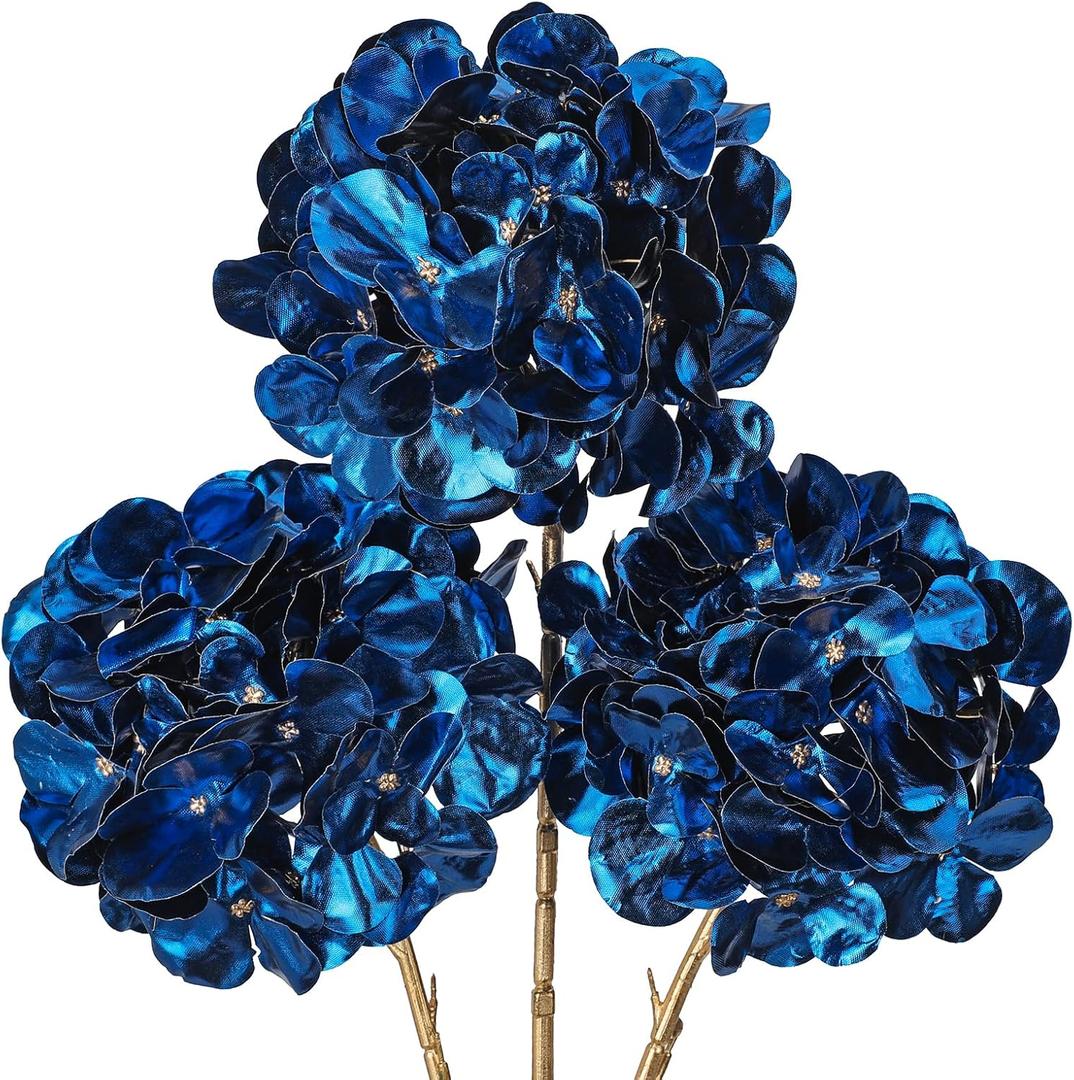 Hollyone 3Pcs Artificial Hydrangea Flowers Blue Christmas Ornaments Flowers 26inch Fake Hydrangea Flower Floral Arrangements Bouquets Xmas Faux Hydrangeas Stems Wedding Party Christmas Home Decor