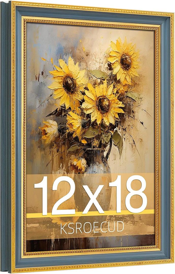 12x18 Picture Frame, HD Real Glass Ornate Vintage 12x18 Photo Frame, 12 by 18 Poster Frame with Gold Blue Texture Border Horizontal & Vertical Display for Tabletop or Wall Decor (1 Pack)