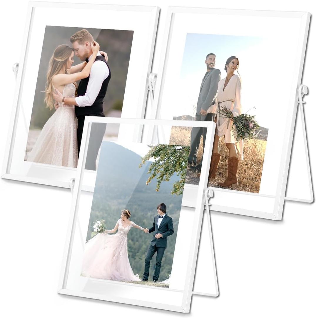 AceList Metal Picture Frames, Set of 3 Ornate Minimal Floating Edge Clear Glass Table Top Easel Stand Photo Frames in White, 5 x 7, Assortment Variety