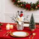 13.8 Christmas Flower Desk Decor Tabletop Small Artificial Potted Christmas Tree-Snowy Poinsettia, Red Berry, Pinecone & Pine Branches Arrangement in Burlap Vase (Cream White Magnolia)