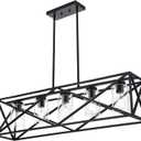5-Lights Farmhouse Kitchen Island Light in Black Finish, Vintage Rectangular Linear Pendant Lighting Fixtures with Clear Glass Shades for Bar Pool Table
