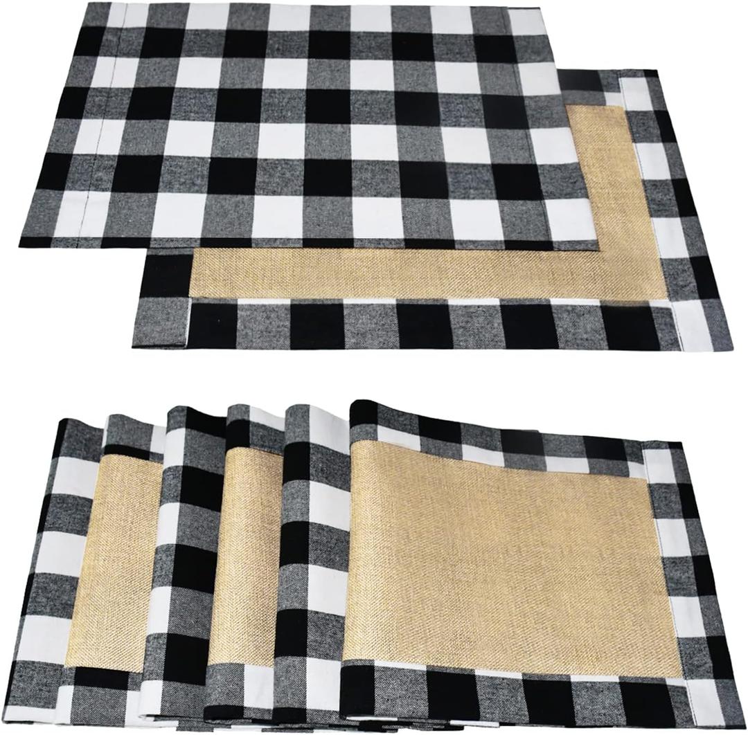 Senneny Set of 6 Christmas Placemats Buffalo Check Placemats Black White Plaid Reversible Burlap & Cotton Place mat for Christmas Holiday Table Home Decoration