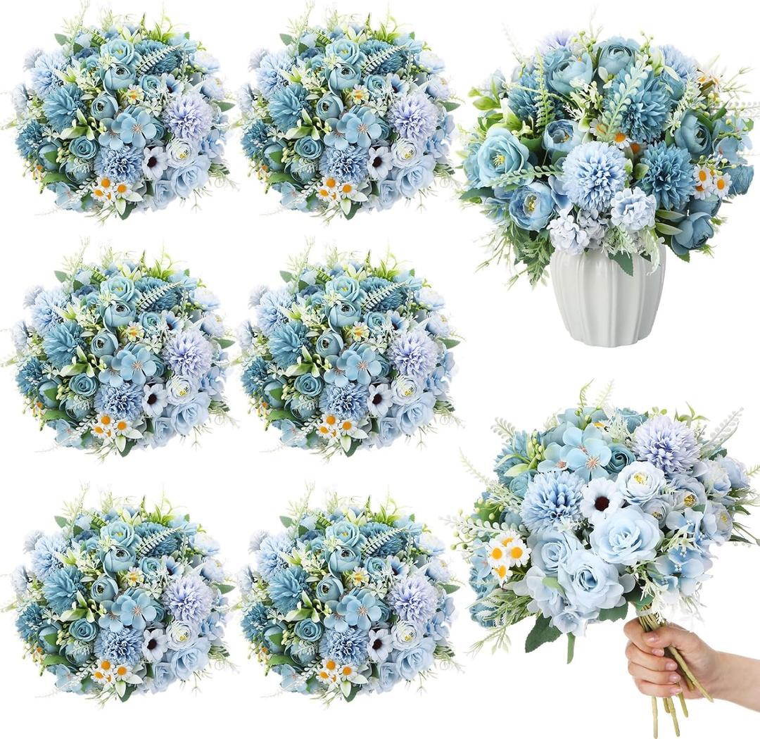 Tigeen 6 Bundles Artificial Bouquet Flowers Artificial Peonies Faux Roses Silk Flowers Hydrangea Bouquet for Wedding Table Centerpiece Floral Vase Decor(Blue)