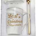 Best Grandma Ever Mug Coffee Gifts Birthday Mothers Day for from Granddaughter Grandson Grandchildren Grandkids 14 Ounce Gift Box with Spoon and Mat Gray