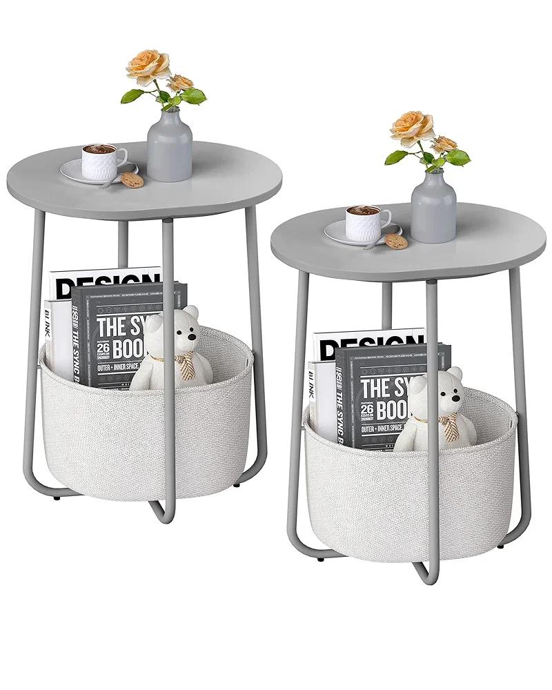 TUTOTAK Small Side Table, Oval End Table, Night Stand, Bedside Table, Set of 2, Sofa Table with Cloth Storage Basket, Living Room, Bed Room, Dark Grey TB01BH0632