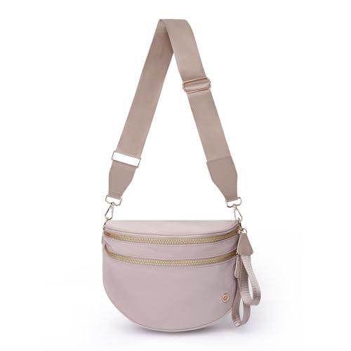 Crescent Crossbody Bum Bag for Women, Large Nylon Sling Belt Bag, Trendy Checkered Fanny Pack, Multi-Pocket Shoulder Purse (Solid - Blush)