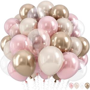 Dusty Pink and Gold Balloon, 12 Inch Double Stuffed Pearl Pastel Blush Pastel Pink Light White Metallic Gold Latex Balloons for Women Girls Birthday Baby Bridal Shower Wedding Boho Party Decorations
