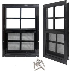 Yuzzy 18" x 23" Shed Windows with Tempered Glass and Fiberglass Screen, 2 Pack Small Sliding Windows for Shed, Chicken Coop, Playhouse, Household, Garage, Barns (Black)