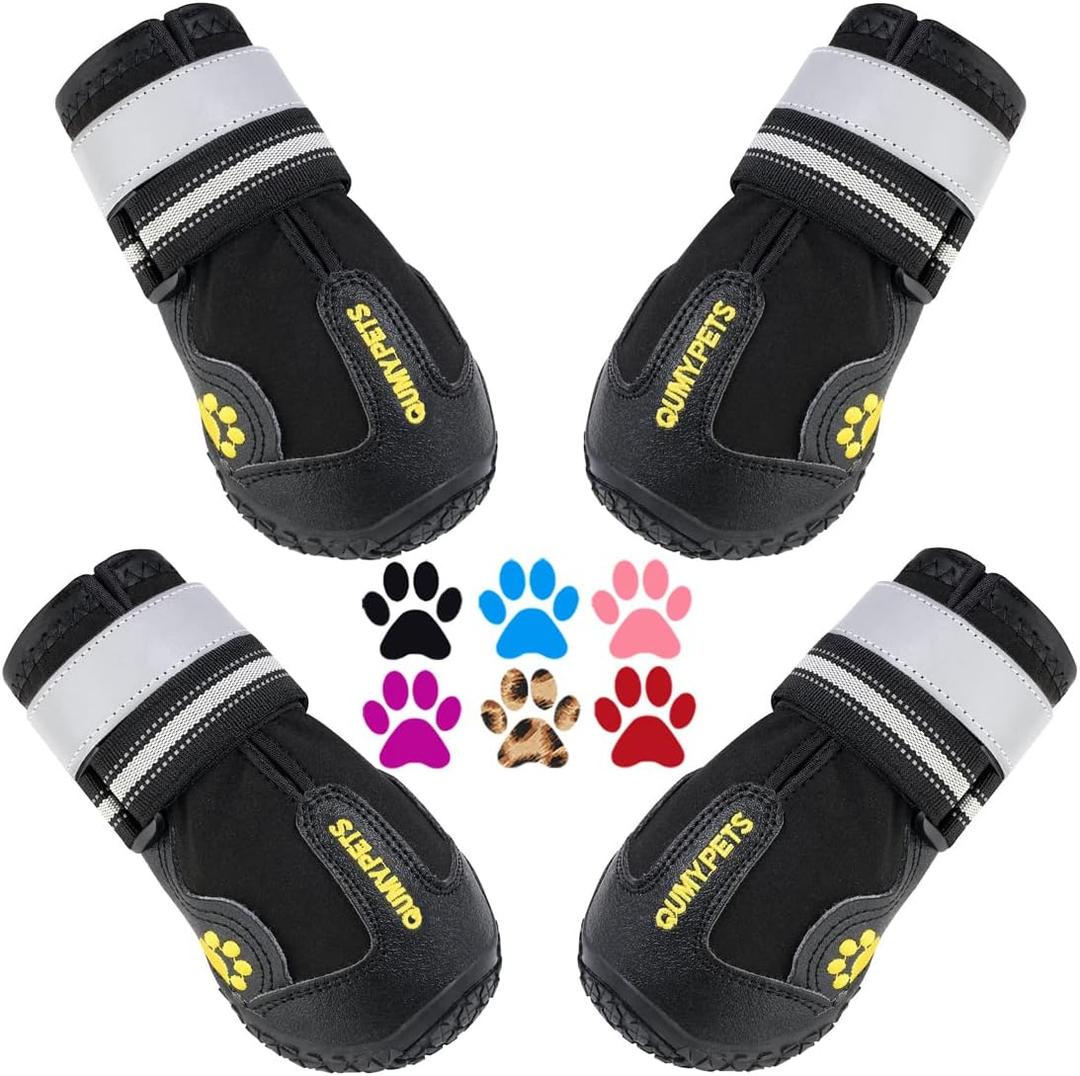 QUMY Dog Shoes for Large Dogs, Medium Dog Boots & Paw Protectors for Winter Snowy Day, Summer Hot Pavement, Water-Resistant in Rainy Weather, Outdoor Walking, Indoor Hardfloors Skid-Resistant Sole Size 6: 2.6''x3.0''(W*L) (Pack of 4)