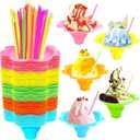 200Pcs 4oz Colorful Snow Cone Cups with Spoon Straws, Plastic Reusable Flower Shaved Ice Drip Cups Snack Ice Cream Bowls for Kids, Birthday Party, Holiday, Summer