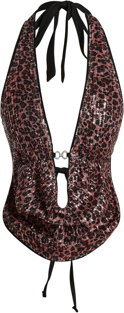 Verdusa Women's Cheetah Print Sequin Top Y2K Tie Back Corset Halter Going Out Crop Tops
