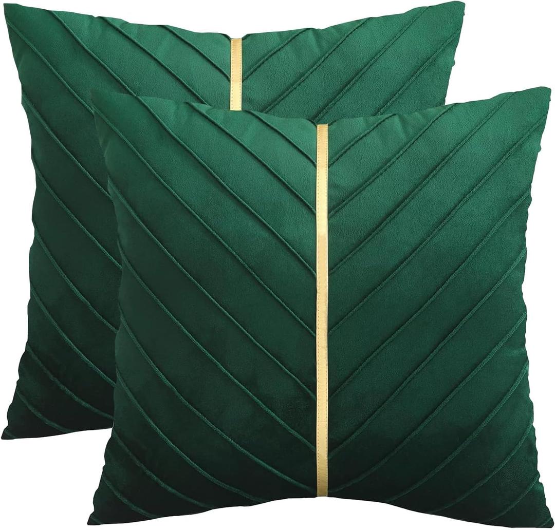 Dark Green Pillow Covers 20x20 Pack of 2 with Gold Leather Soft Velvet Throw Pillow Covers Decorative Couch Pillowcase Luxury Modern Pillow Cover Spring Summer Home Decor for Sofa Bed