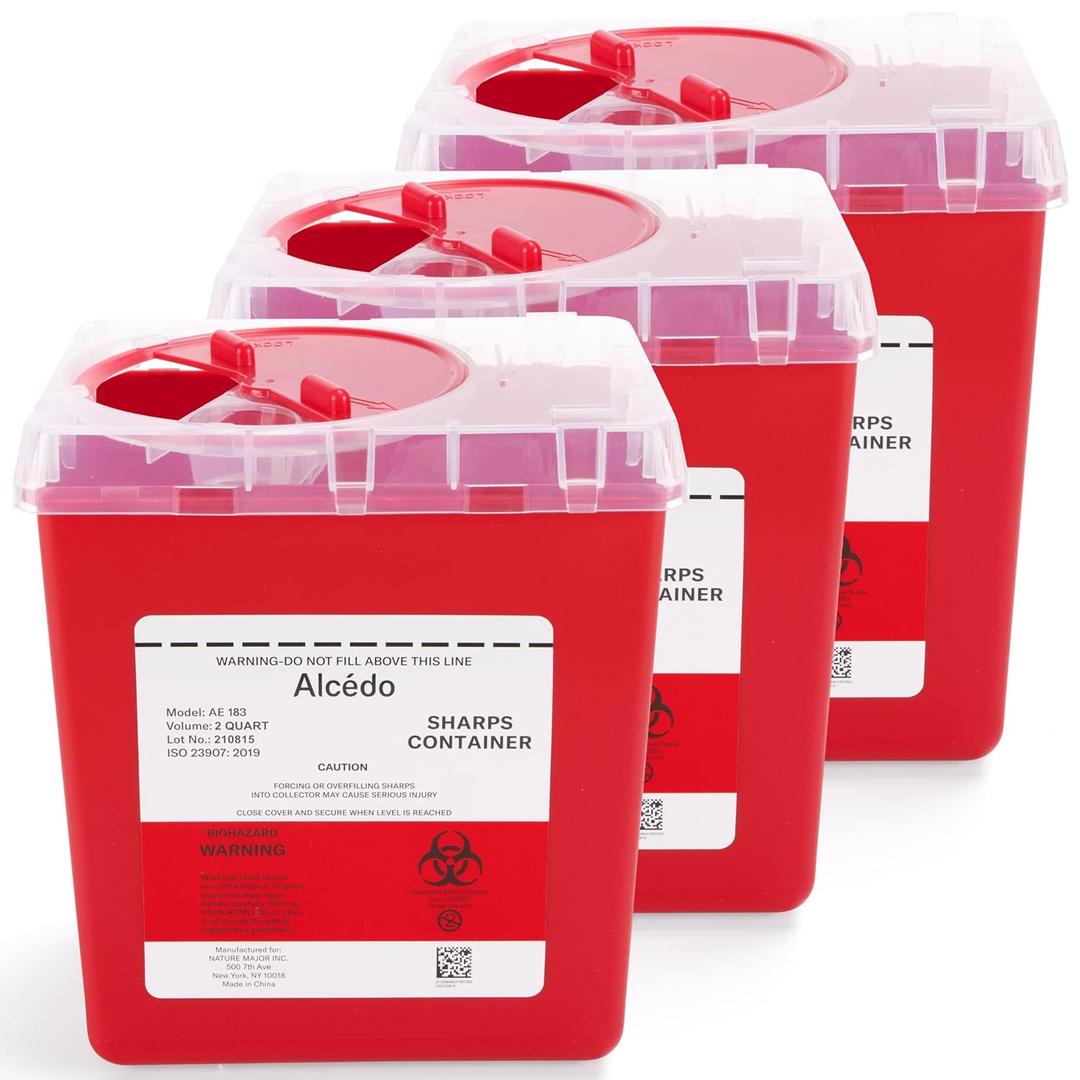 Alcedo Sharps Container for Home and Professional Use 2 Quart (3-Pack), Biohazard Needle and Syringe Disposal, Medical Grade, Large 2 Quart