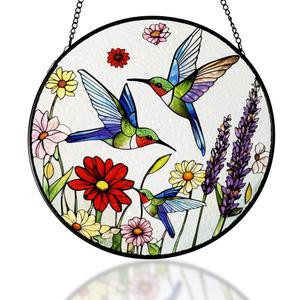 Hummingbirds Suncatcher Stained Glass, Hummingbird Suncatcher Ornament, Hummingbird Suncatcher for Grandma/Mom/Women (Colorful Flower Bird)