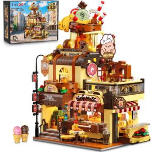 City Ice Cream House Building Set with Lights, 1377 PCS Dessert Shop Building Block Toy with Chocolate Sundae Cone, Sweet Workshop Construction Model for Adults Teens Kids Boys Girls Ages 12+