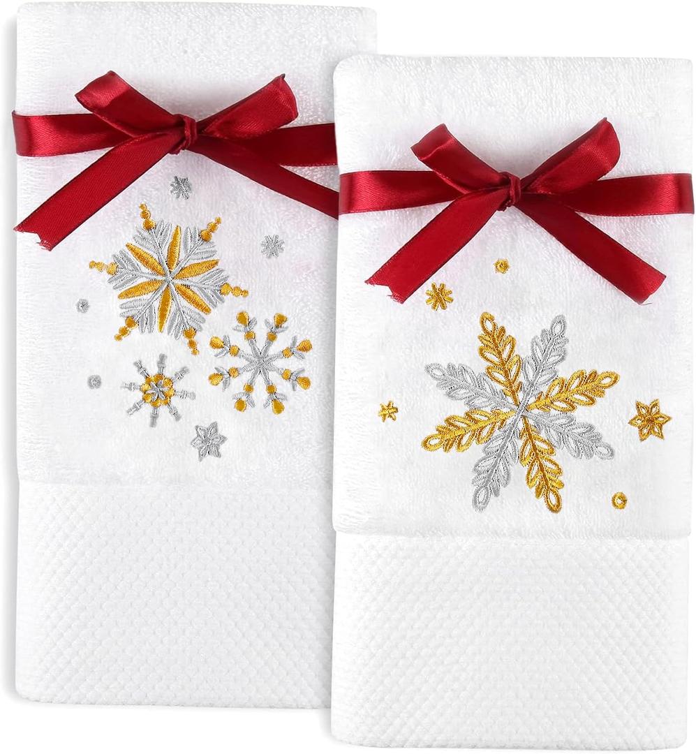 Quera 2 Pack Christmas Hand Towels 100% Cotton Embroidered Premium Luxury Decor Bathroom Decorative Dish Towels Set for Drying, Cleaning, Cooking, Holiday Towels Gift Set 13.7'' x 29.5'', Snowflake (Gold and Silver)