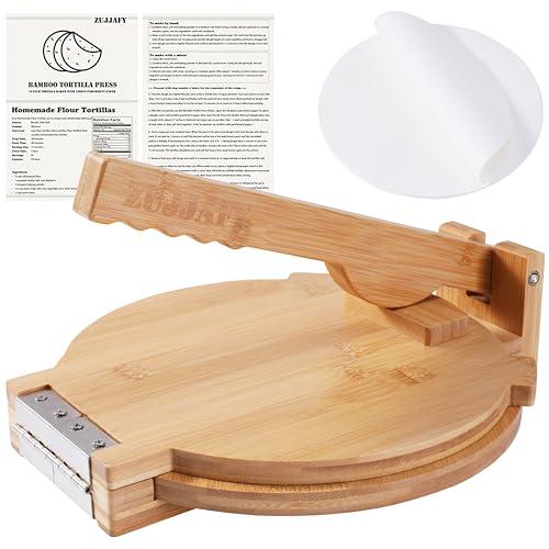 ZUJJAFY Tortilla Press 10 Inch Bamboo Tortilla Maker with 100 Parchment Paper, Mexican Tortillera Presser Homemade Tortillas Pataconera Dough Press