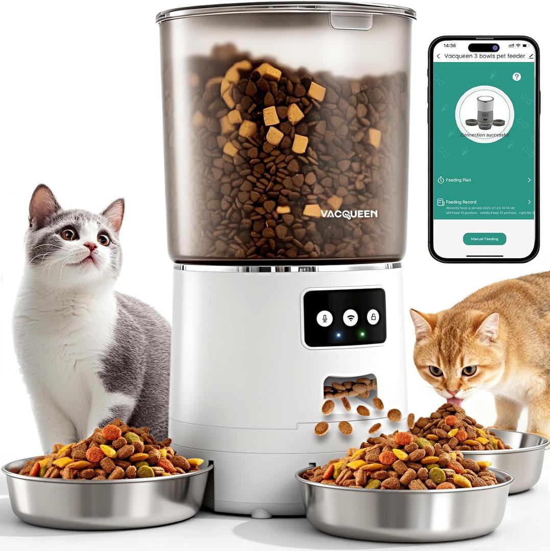 Automatic Cat Feeder for 3 Cats, 6L/25 Cups Smart WiFi Pet Feeder, Strong Anti-Jam System, Dual-Effect Desiccant Cat Food Dispenser, with 10S Voice Recorder for Cats and Small Dog (White)