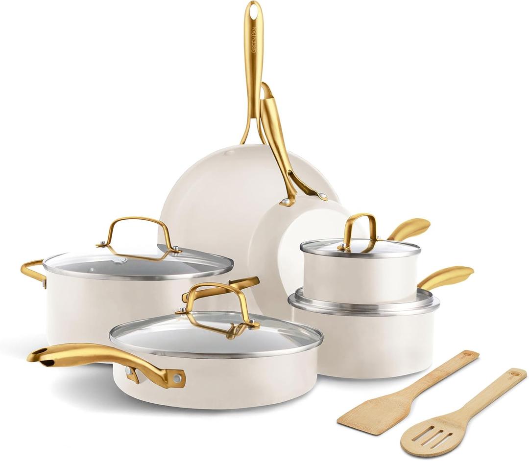 GreenPan 12 Piece Nonstick Swift Cookware Set, Ceramic PFAS-Free Pots & Pans with Lids, Dishwasher & Oven/Broiler Safe to 600F, Kitchen Cooking Set, Sauce, Saute, Stock, Frying Pans, Cream, 12pc Pots & Pans Set
