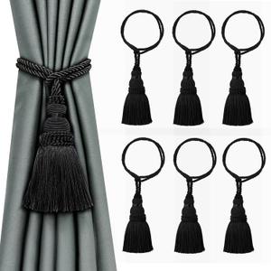 Fenghuangwu 6 Pack Curtain Tie Backs Rope Tassels for Curtains Drape tiebacks Handmade Outdoor Home and Outdoor Decorative (Black, 6p)