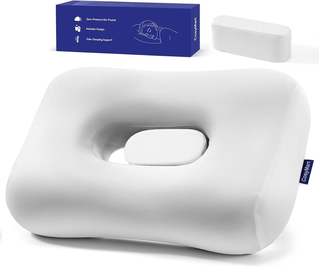 Adjustable Ear Pillow for Side Sleepers - 2-in-1 Modular Design, 60D Memory Foam Neck Support Pillow, Firm Cervical Support for CNH & Ear Piercing Relief, Washable Cooling Cover (White)