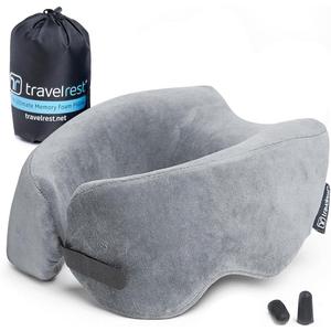 TRAVELREST Nest Neck Pillow Travel Essentials - Memory Foam Pillow and Patented Design, Support for Long Flights, Travel Accessories, Comfortable and Compact, Washable, Attaches to Luggage - Gray