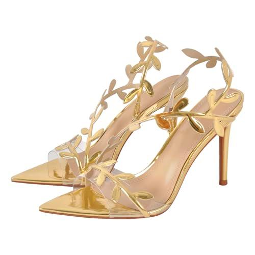 sexytag Gold Heels Clear Stiletto High Heels Pointed Open Toe Flower Strappy Slingback Heeled Sandals for Women Wedding Dress Party Prom Heel Gold Size 8
