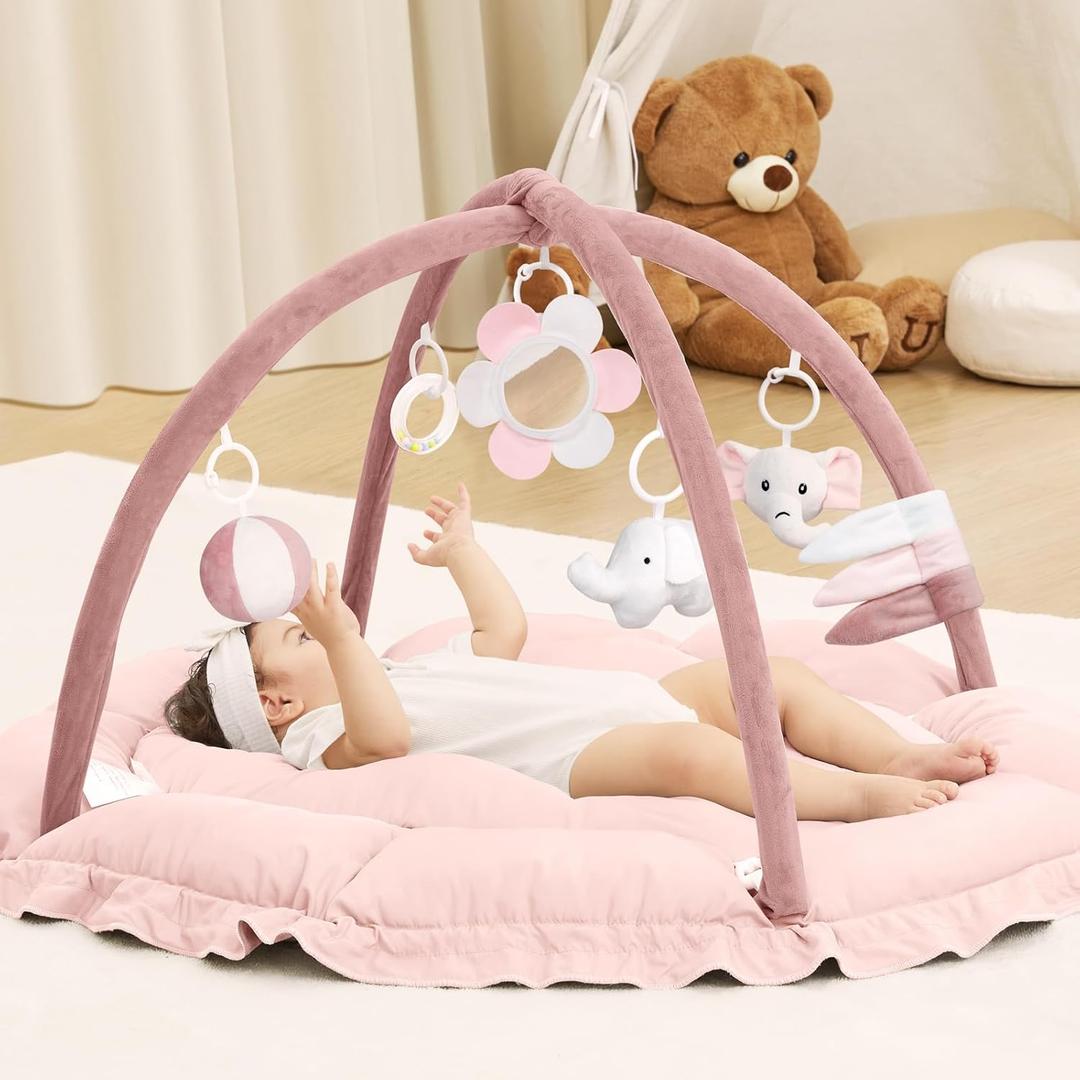 ANGELBLISS 5 in 1 Baby Play Gym Mat, Reversible Tummy Time Mat with 5 Sensory Toys for Stage-Based Developmental, Thick & Large Baby Activity Center from Newborn to Toddler (
Pink
)