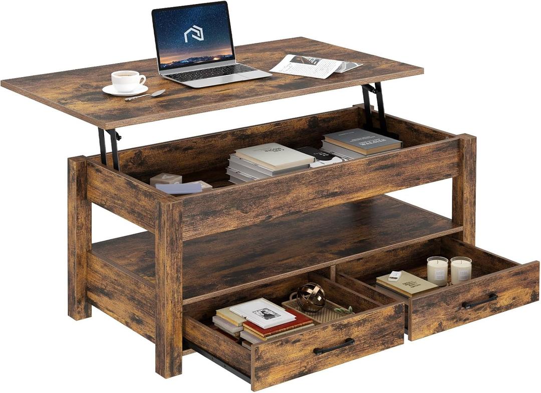 Rolanstar Coffee Table, Lift Top Coffee Table with Drawers and Hidden Compartment, Retro Central Table with Wooden Lift Tabletop, for Living Room,Rustic Brown (39.4")