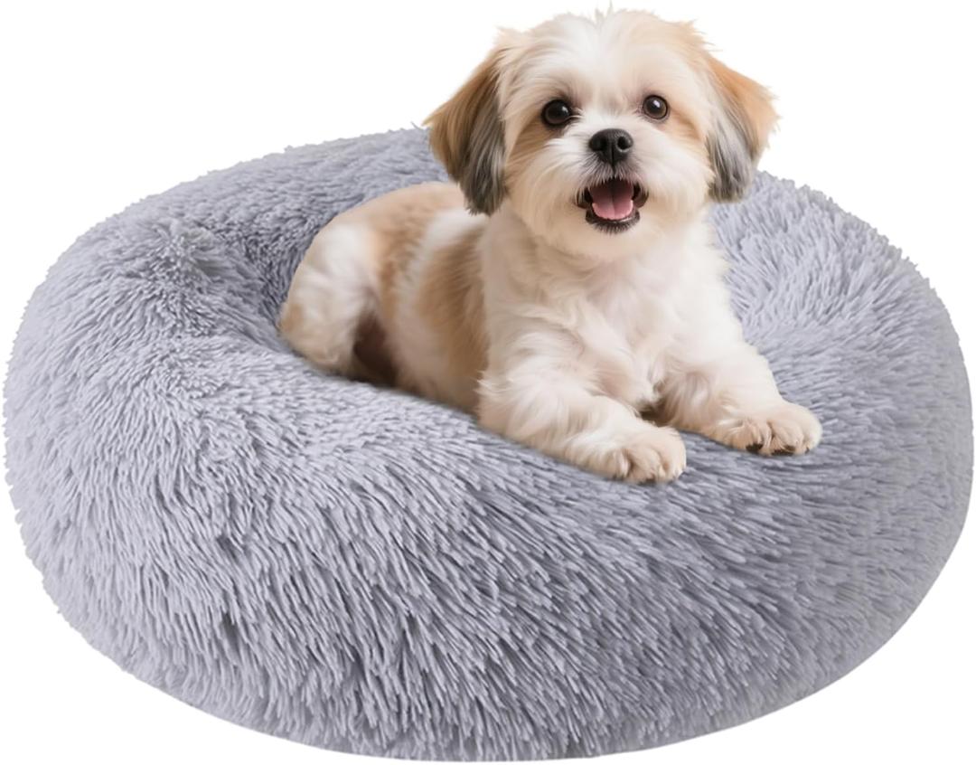 Dog Bed for Small Medium Large Dogs Cats, 20 inch Calming Washable-Round Cozy Soft Pet Bed for Puppy and Kitten with Slip-Resistant Bottom (light grey)