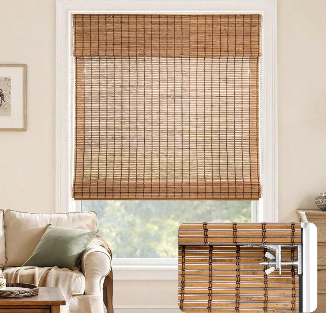 LazBlinds No Drill Bamboo Roman Shades, 36" W x 48" H, Malay Umber
