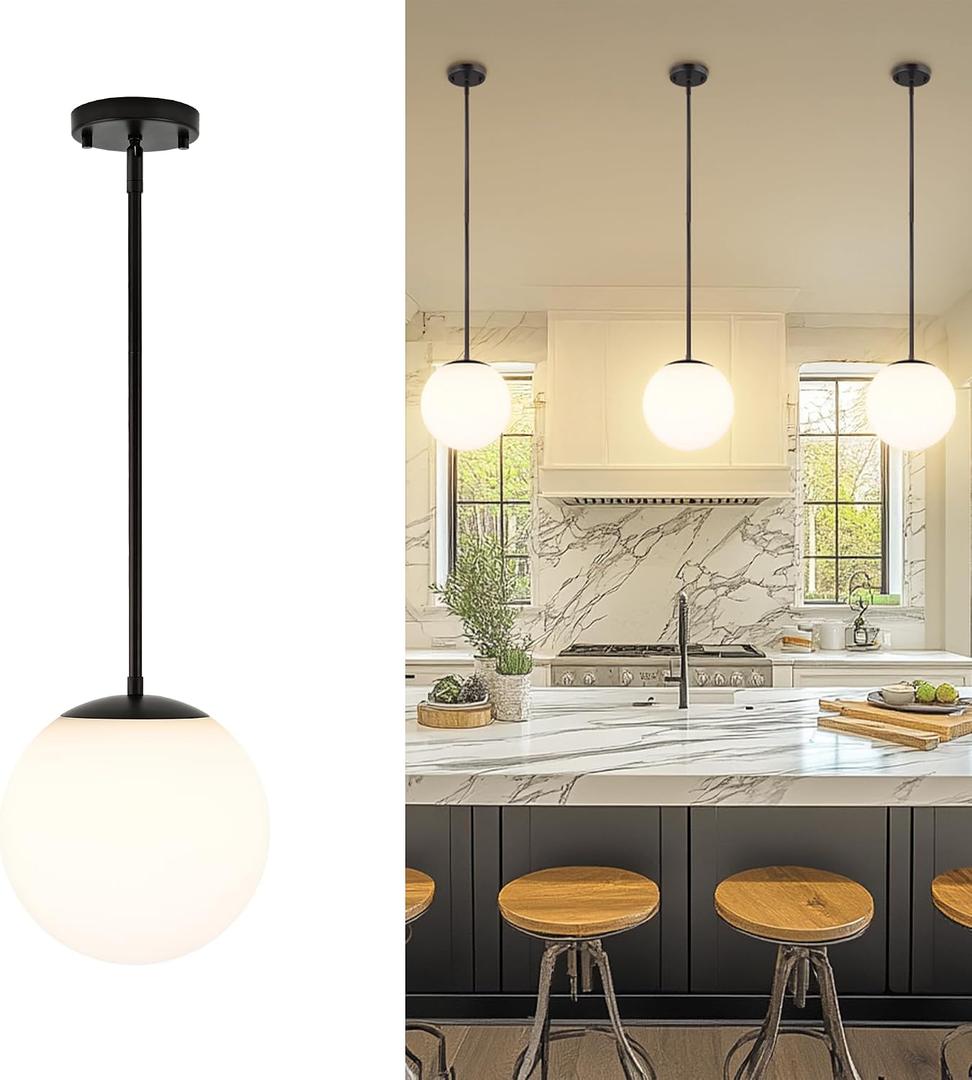 LMS 10 Inch Globe Pendant Lights, Matte Black Mid Century Kitchen Island Light Fixtures with White Globe Glass Shade, Adjustable Hanging Rod, Bar Kitchen Bedroom, LMS-186PL-BKW-10, 10" White Glass, 1 pack