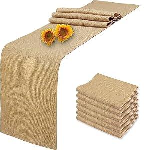 6 Pack Natural Burlap Table Runners, 12 x 72 Inch Rustic Jute Table Runner and Placemats Bulk for Western Wedding Table Decorations, Farmhouse Style Party, Holiday, Kitchen Coffee Table Decor Cover