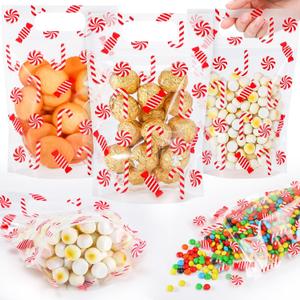 Fuutreo 50 Pcs Christmas Candy Gift Bags Xmas Clear Sealing Pouches with Handles Resealable Red Christmas Plastic Bag for Xmas Winter Holiday Party Snack Gift Wrap Supplies Decoration (Candy)